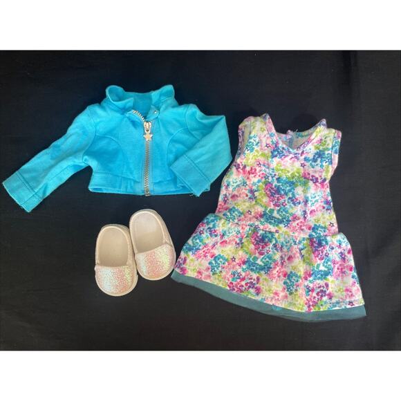 American Girl Truly Me MEET OUTFIT Blue Floral Dress Jacket Shoes NO DOLL - Picture 1 of 9